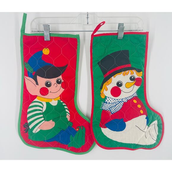 2 Vintage Christmas Stockings - Elf Stocking and Snowman Stocking - Picture 1 of 5